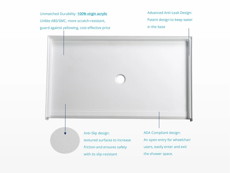 62"X38" ADA Compliant Slip-Resistant Acrylic Shower Base CUPC Certified