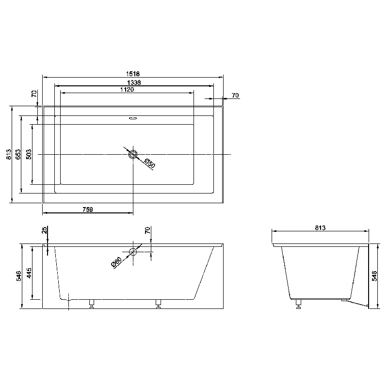 60"x32" Customizable Modern Acrylic Alcove Bathtub CUPC Certified with Center Left or Right Drain Options