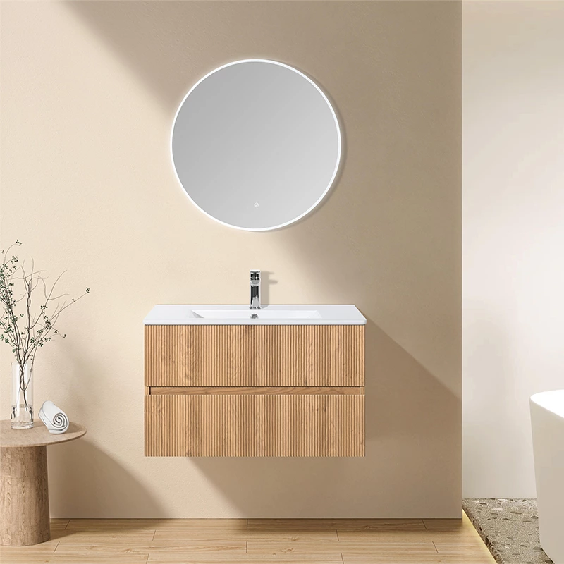 Bathroom Cabinet Modern Design With Vertical Strip Wood Color DTC Soft-close Drawers With Adjustable Hinge Hooks