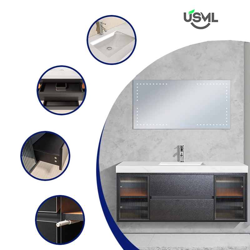 U-shaped Design With DTC Soft-close Drawers, Elegant Mirror With Glass Shelves Bathroom Cabinet