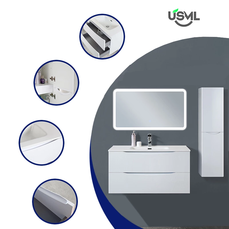 Bathroom Cabinet Modern Design With Smile-Shaped invisible handle DTC Soft-close Drawers With Adjustable Hinge Hooks